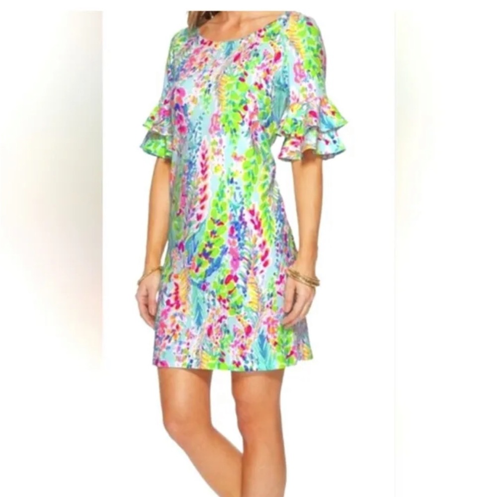 Lilly Pulitzer HTF Lula Stretch Dress Catch The Wave Ruffle Sleeve Small